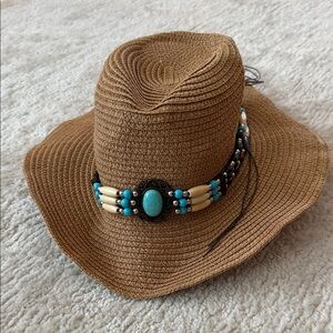 Stylish Tan Straw Hat with Turquoise Accents